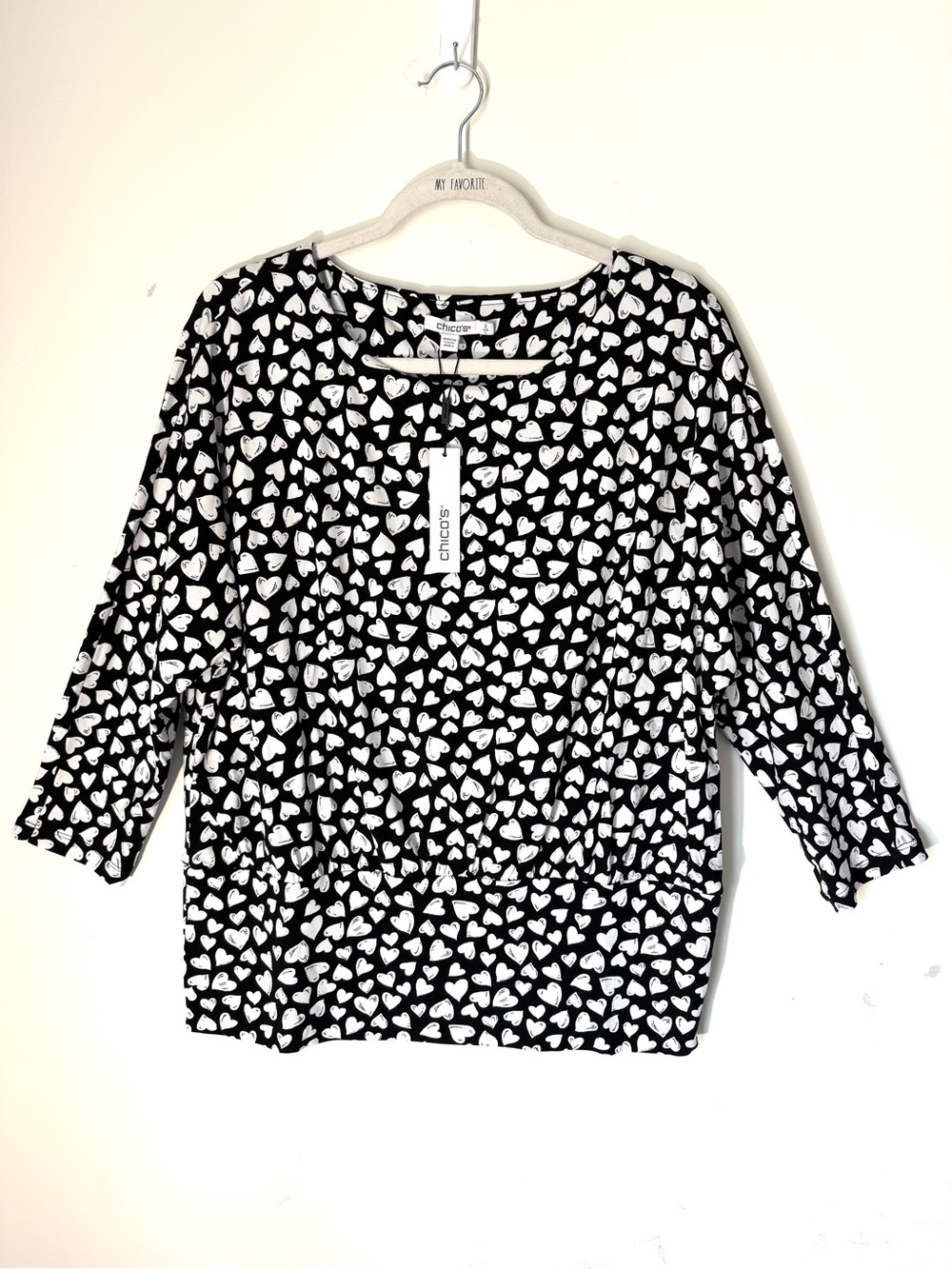 Chico's Black & White Heart Print 3/4 Sleeve Top Sz Large NWT